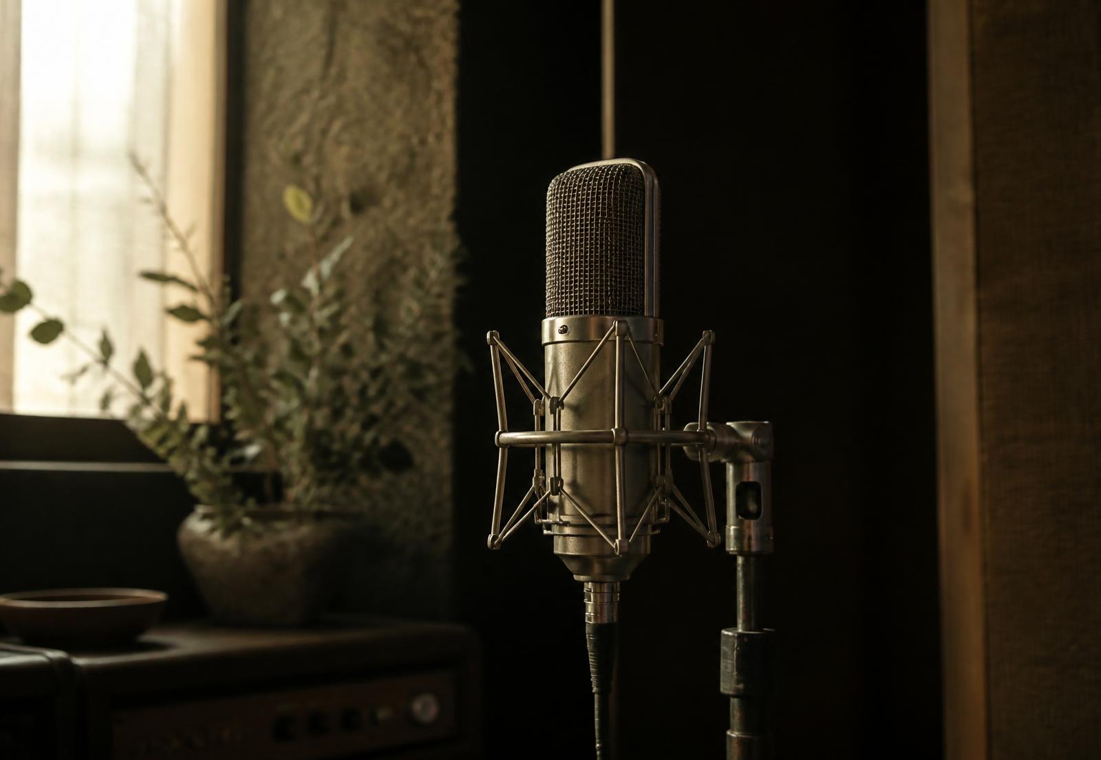 Vintage condenser microphone in a warmly lit recording booth